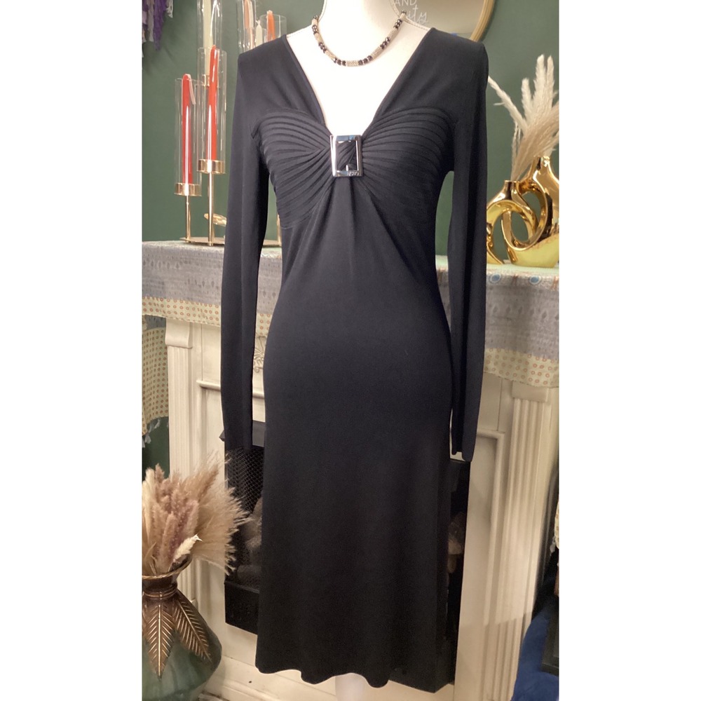 BCBGMAXAZRIA Black Ribbed Knit Long Sleeve Buckle V-Neck Midi Dress Small